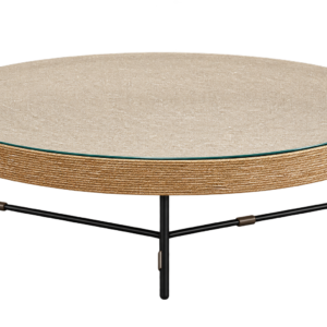 TABLE BASSE JUTE TRESSEE ET TOP EN VERRE